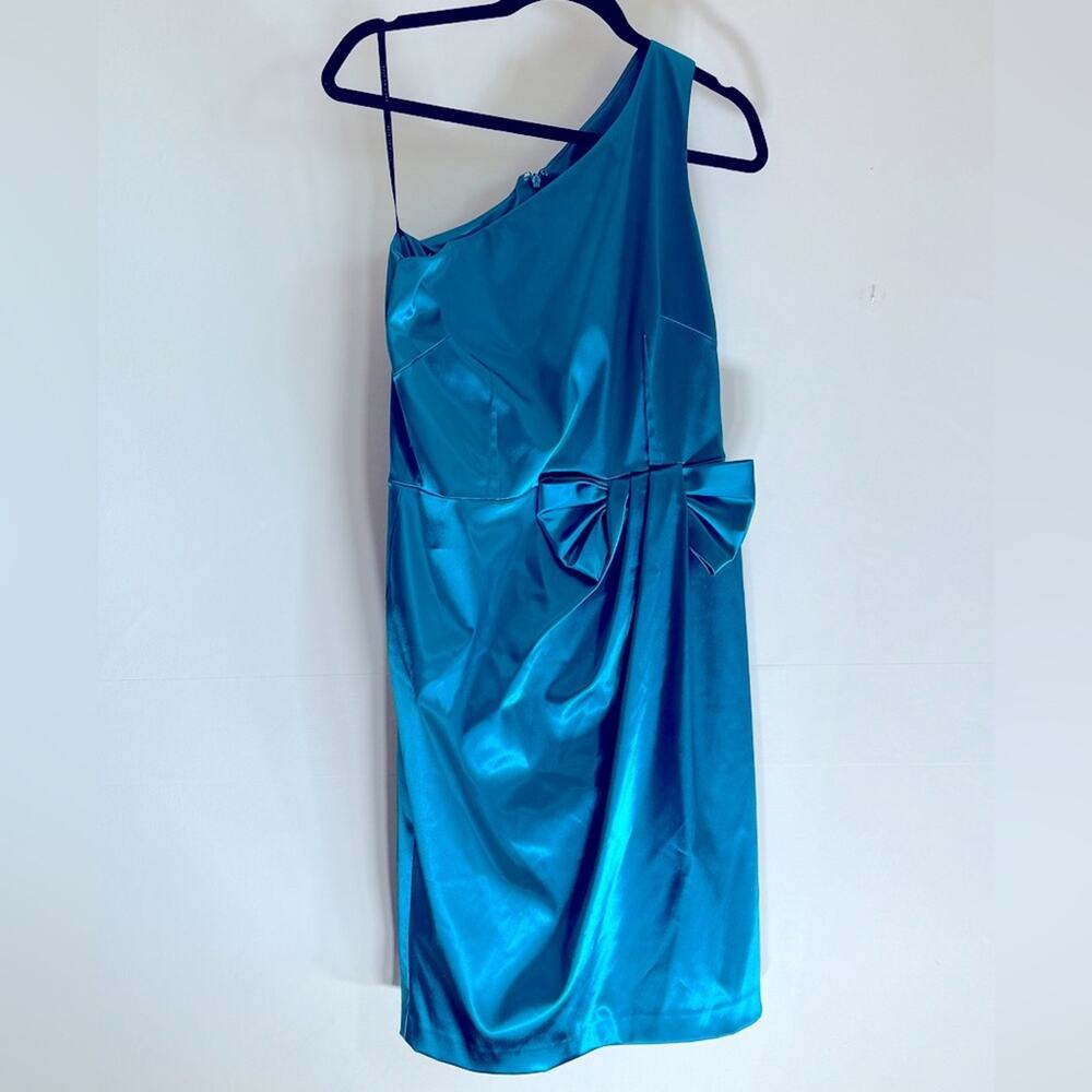 David Meister Satin 10 Icy Blue Bow Shiny One Shoulder Grecian Wedding Guest‎
